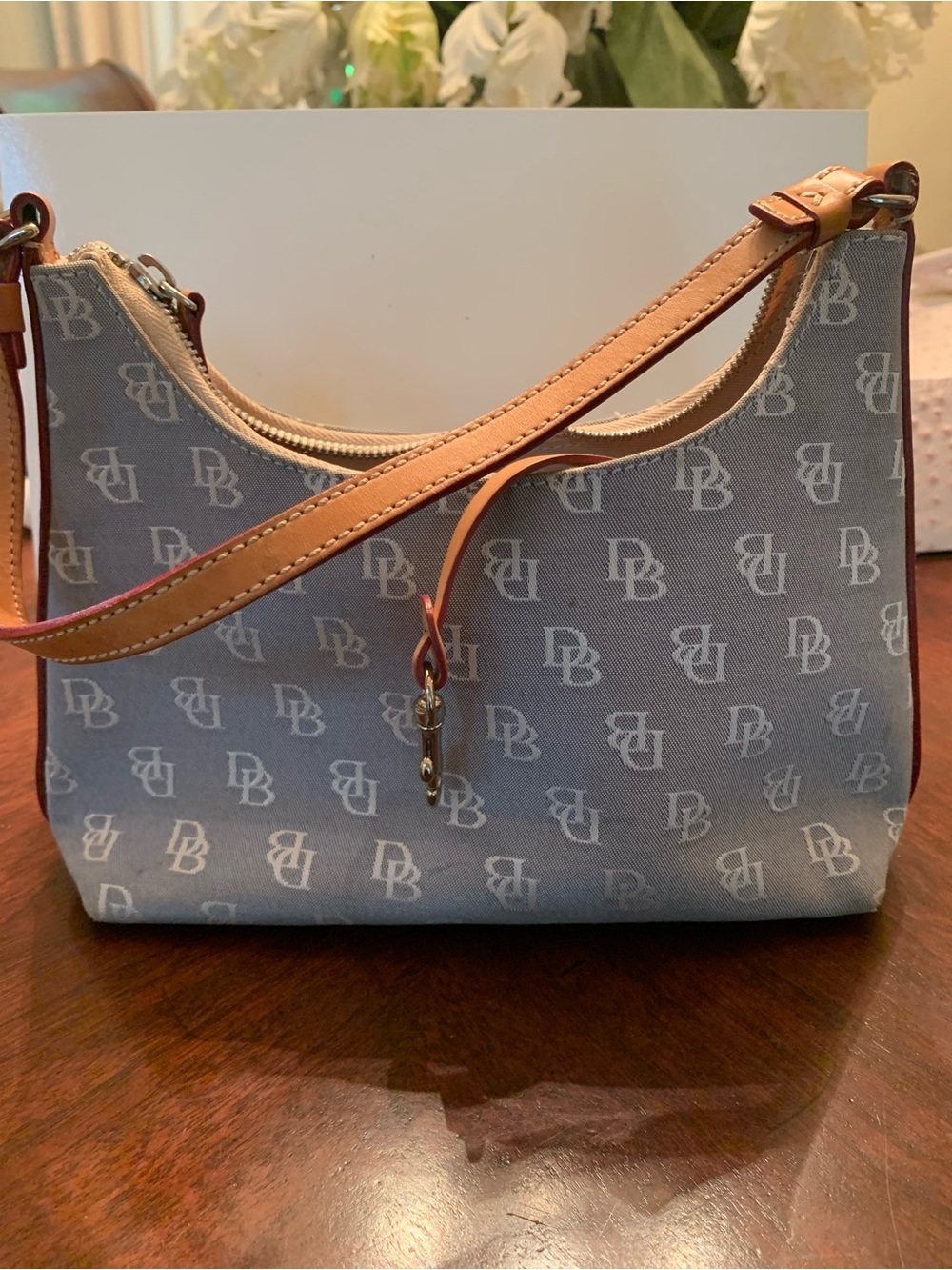 Dooney & Bourke Light Blue Monogram Mini Shoulder Bag with Tan Strap